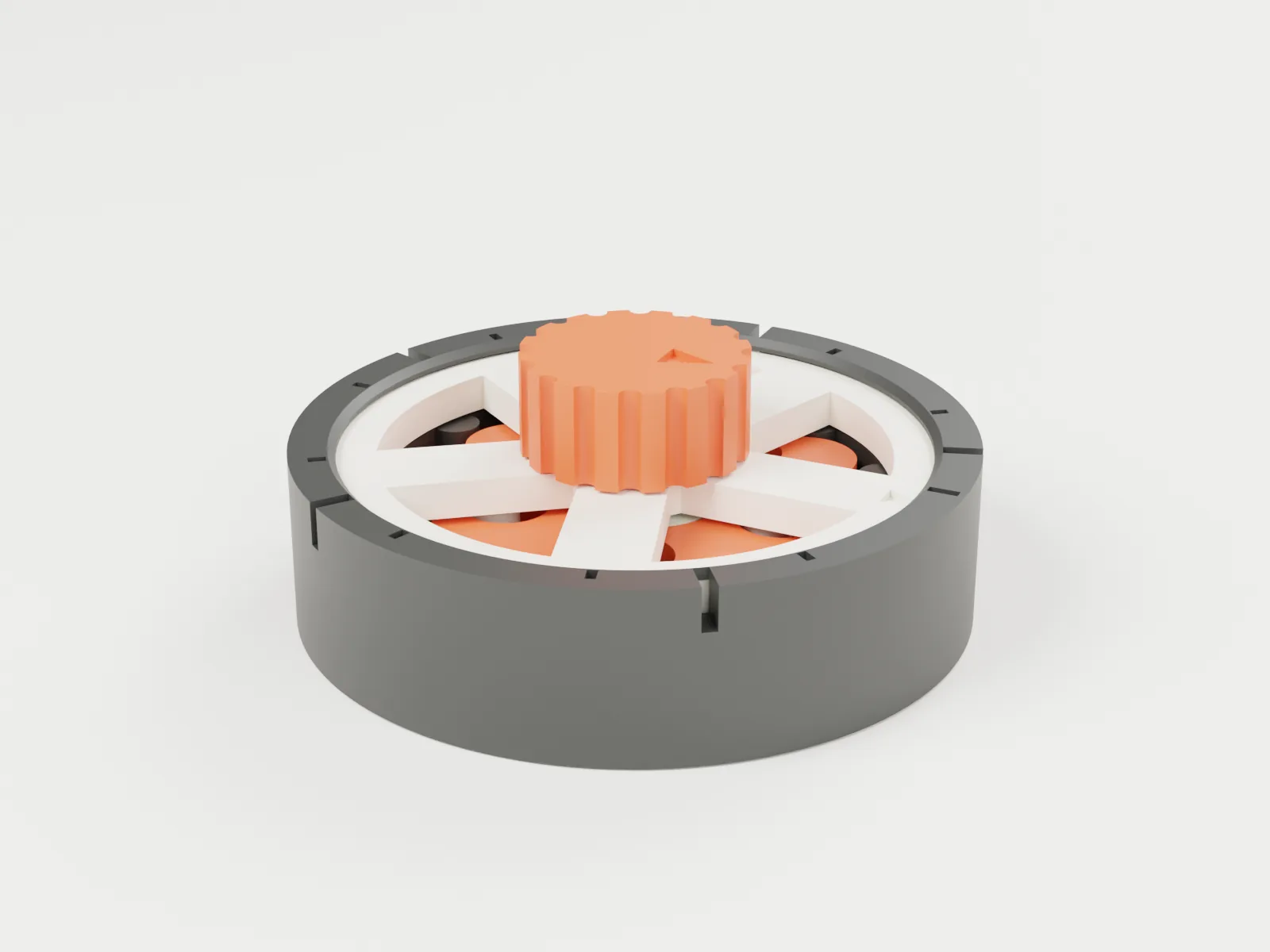 3D render of the assembled Pocket Cycloid: grey base, white dial with five windows and an orange knob